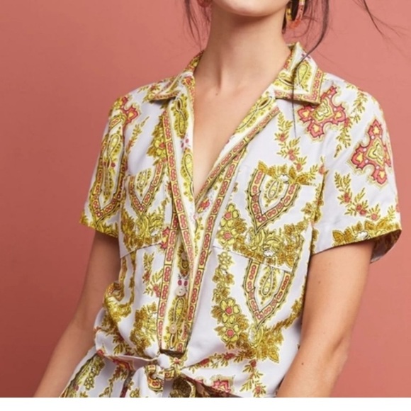 Anthropologie Echarpe Cropped Blouse French Brocade Pattern Blue Red Yellow Sz 0 - Picture 1 of 6